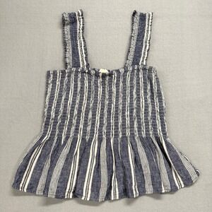 Maeve by Anthropologie Smocked Striped Peplum Tank Top Women's Medium Blue White